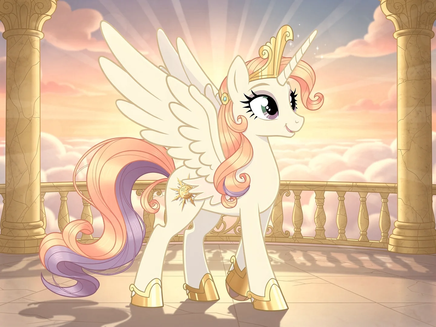 pony maker scene of a white royal alicorn OC with pastel mane, gold crown, wings, horn, and sunrise palace balcony