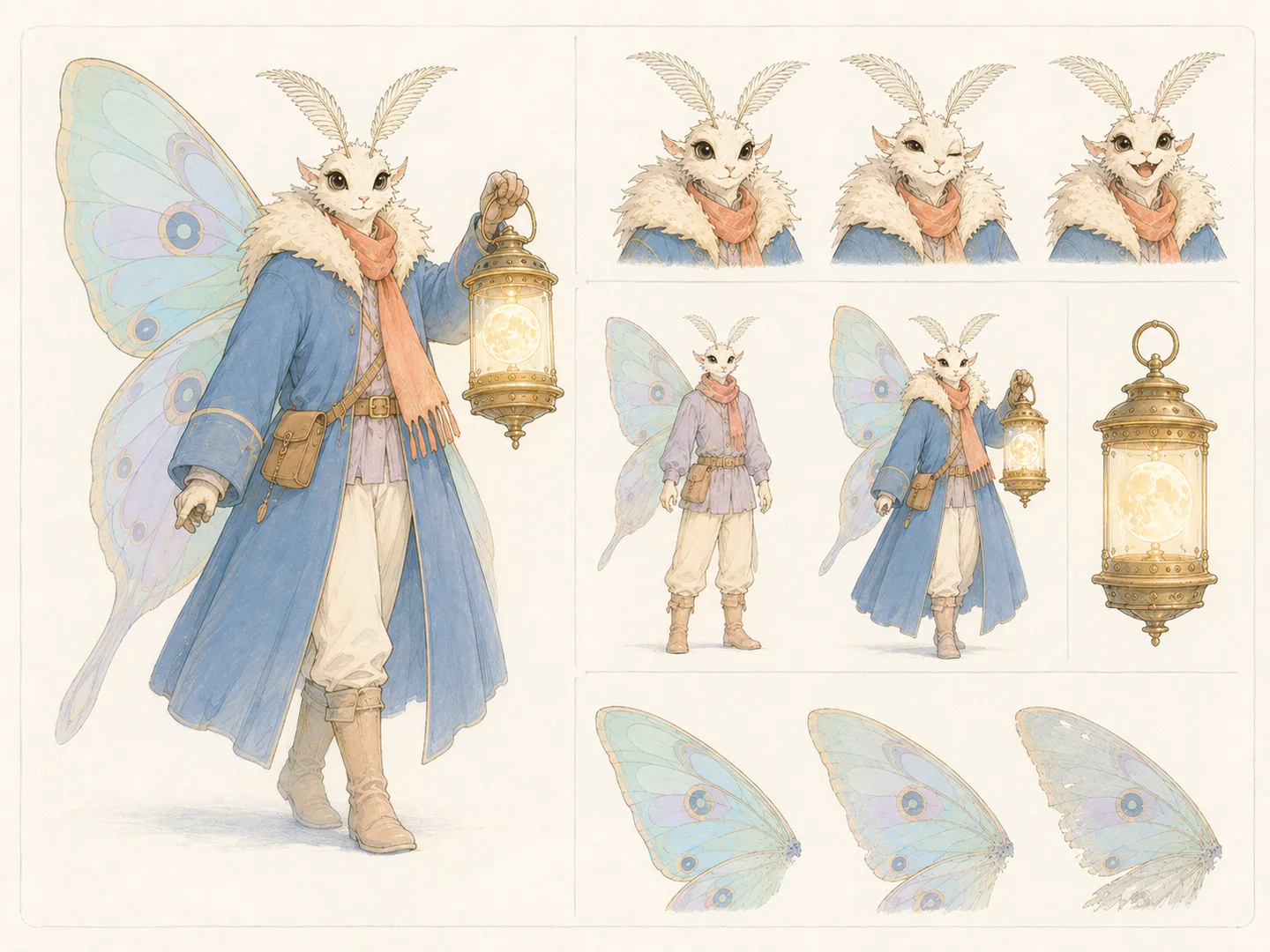A character design sheet for a moth lamplighter with lantern, expressions, and wing details.