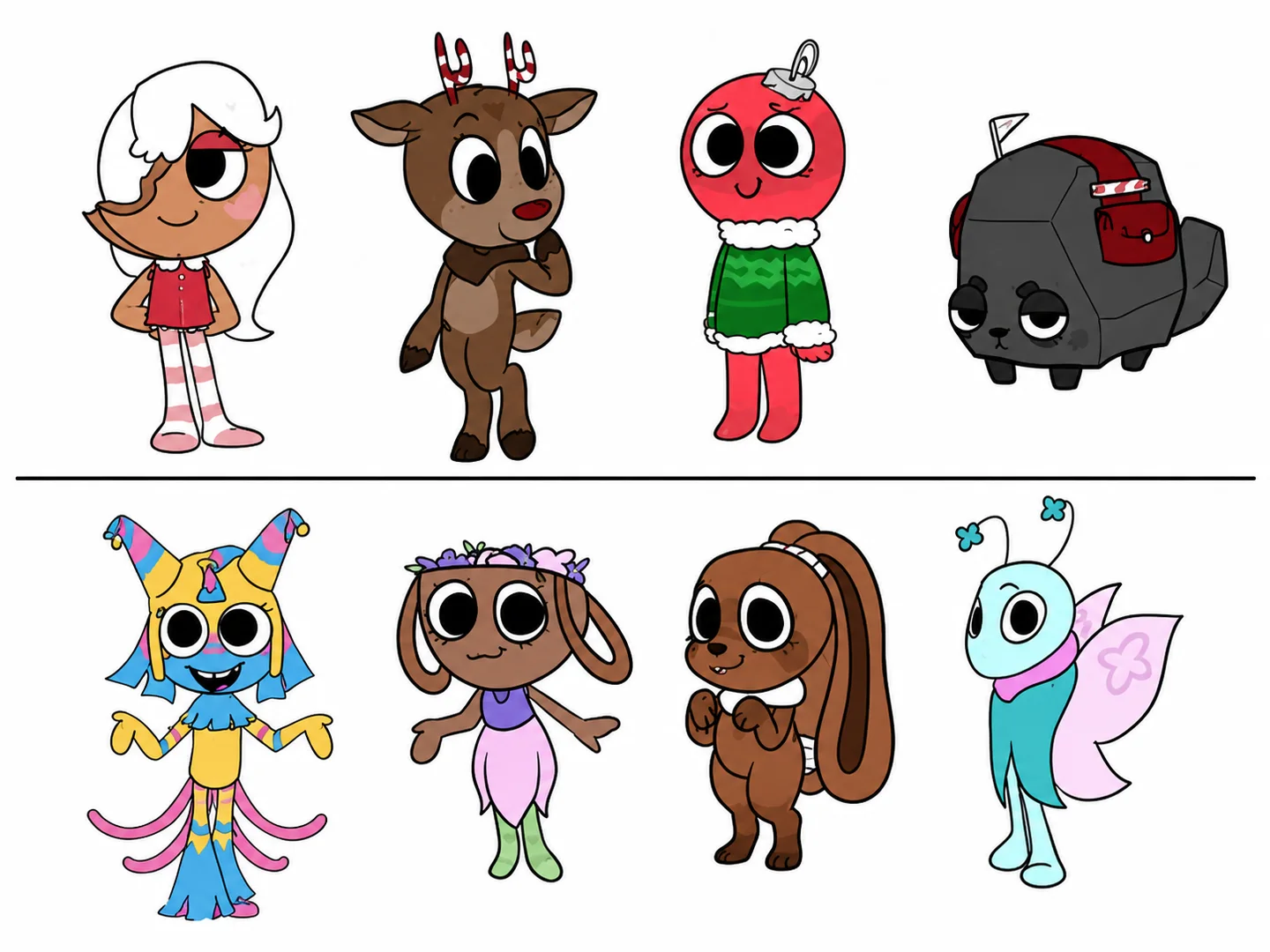 Dandy's World OC Maker customization table with hats, bows, buttons, props, and colorful swatches