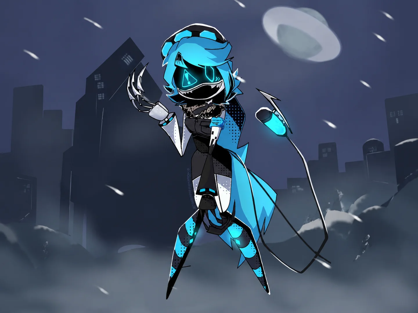 Cyan-and-black drone posing in a snowy city at night.