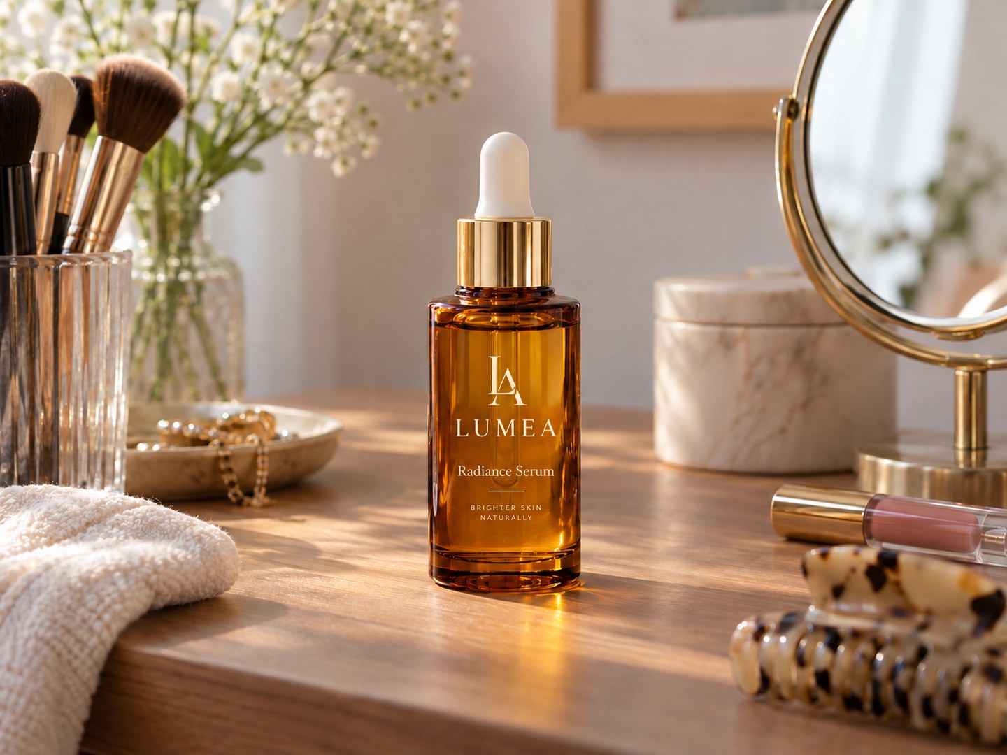 Amber serum bottle with a refined product label