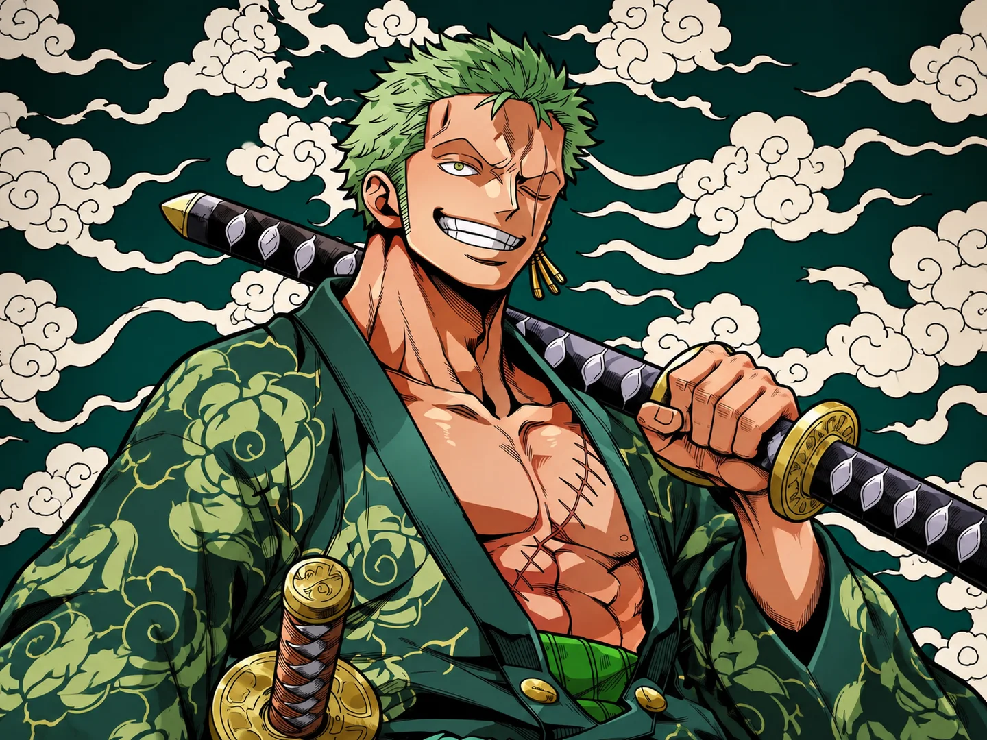 Green-haired three-sword fighter in a patterned green robe against stylized clouds