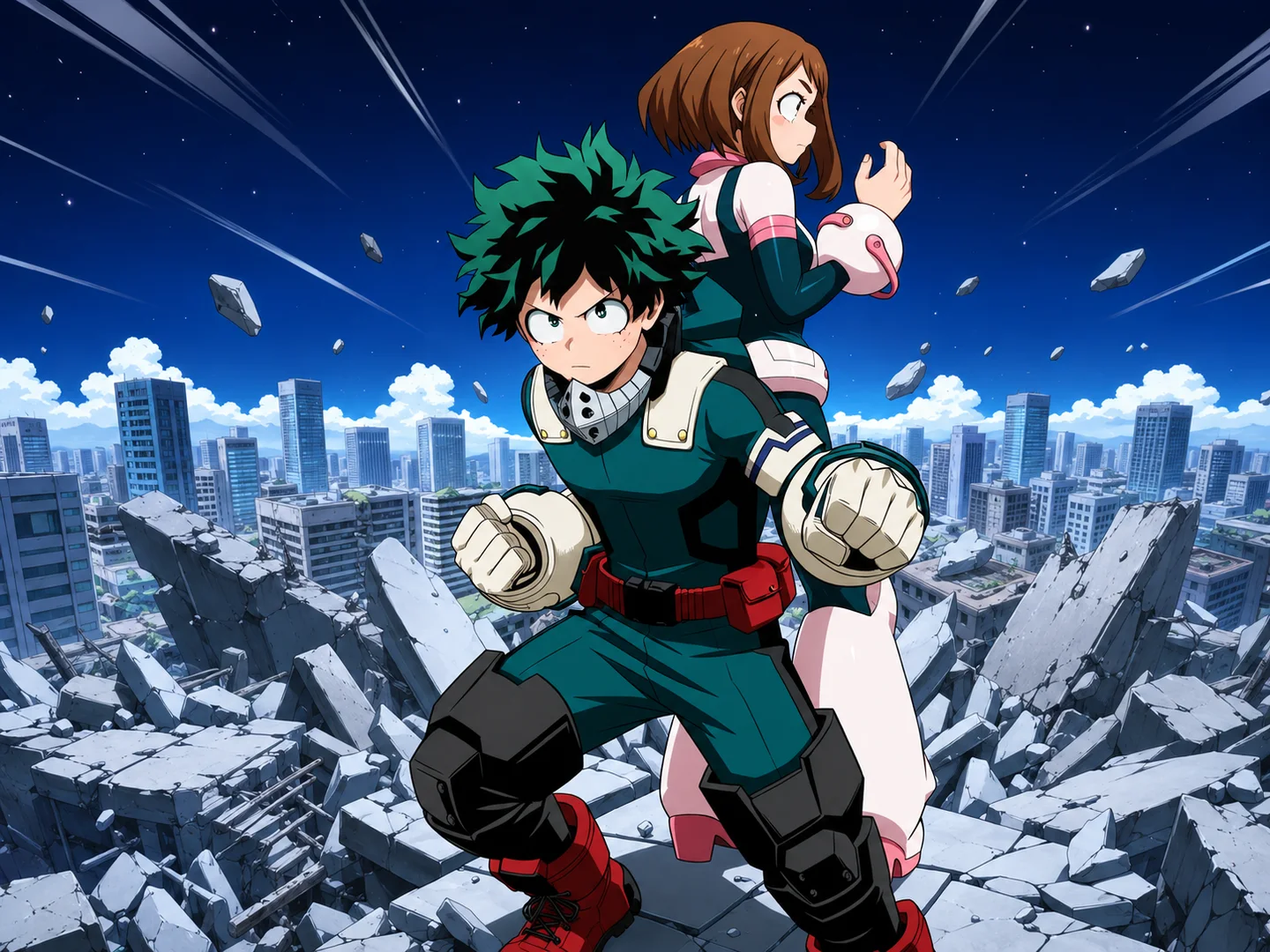 Green-haired and brown-haired anime heroes standing together in a ruined city