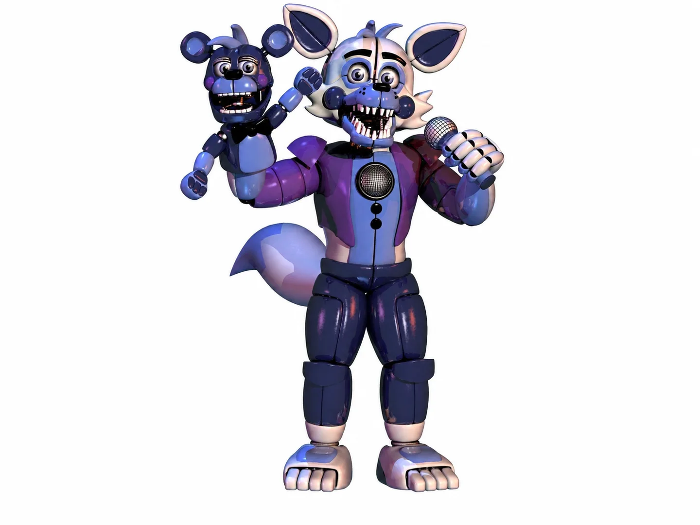 Full-body blue-and-purple animatronic performer holding a microphone with a small puppet