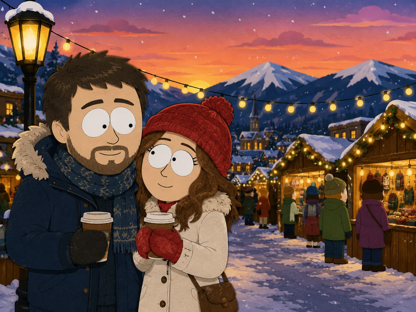 South Park-inspired couple at a snowy holiday market