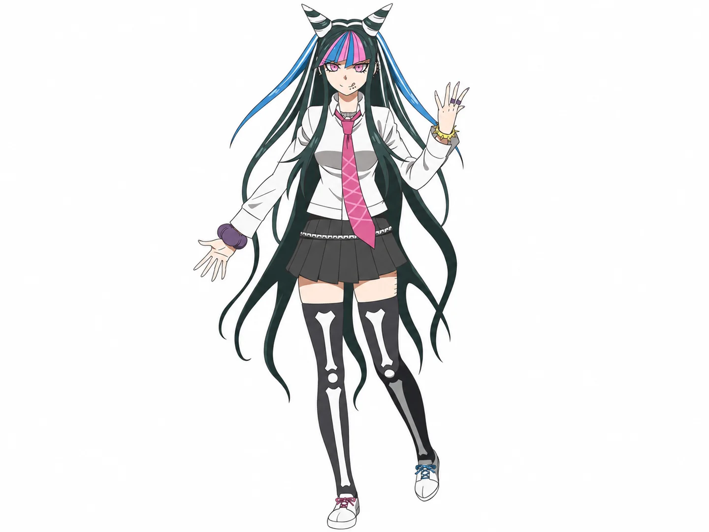 Full-body student with long dark hair, blue-and-pink streaks, and a coordinated school outfit
