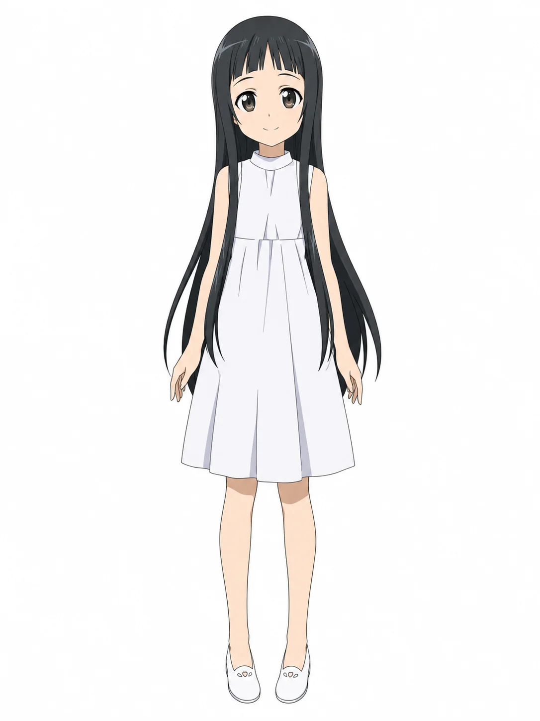 Yui with very long black hair, straight bangs, a sleeveless white dress, and simple white shoes