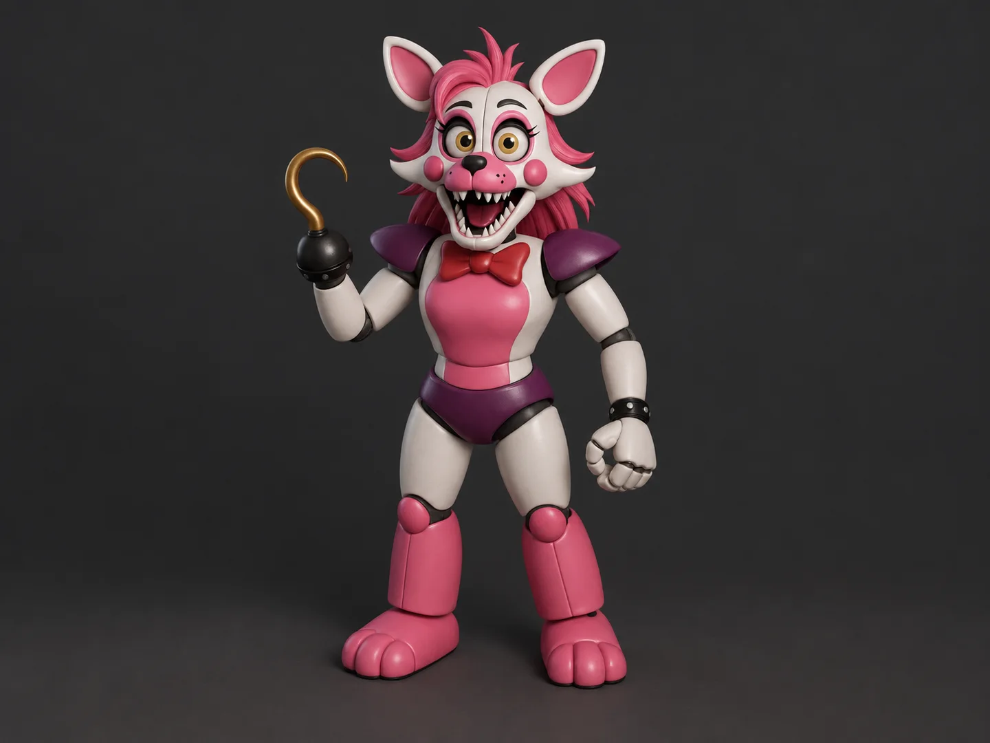 Full-body pink-and-white fox animatronic with a hook hand on a dark background