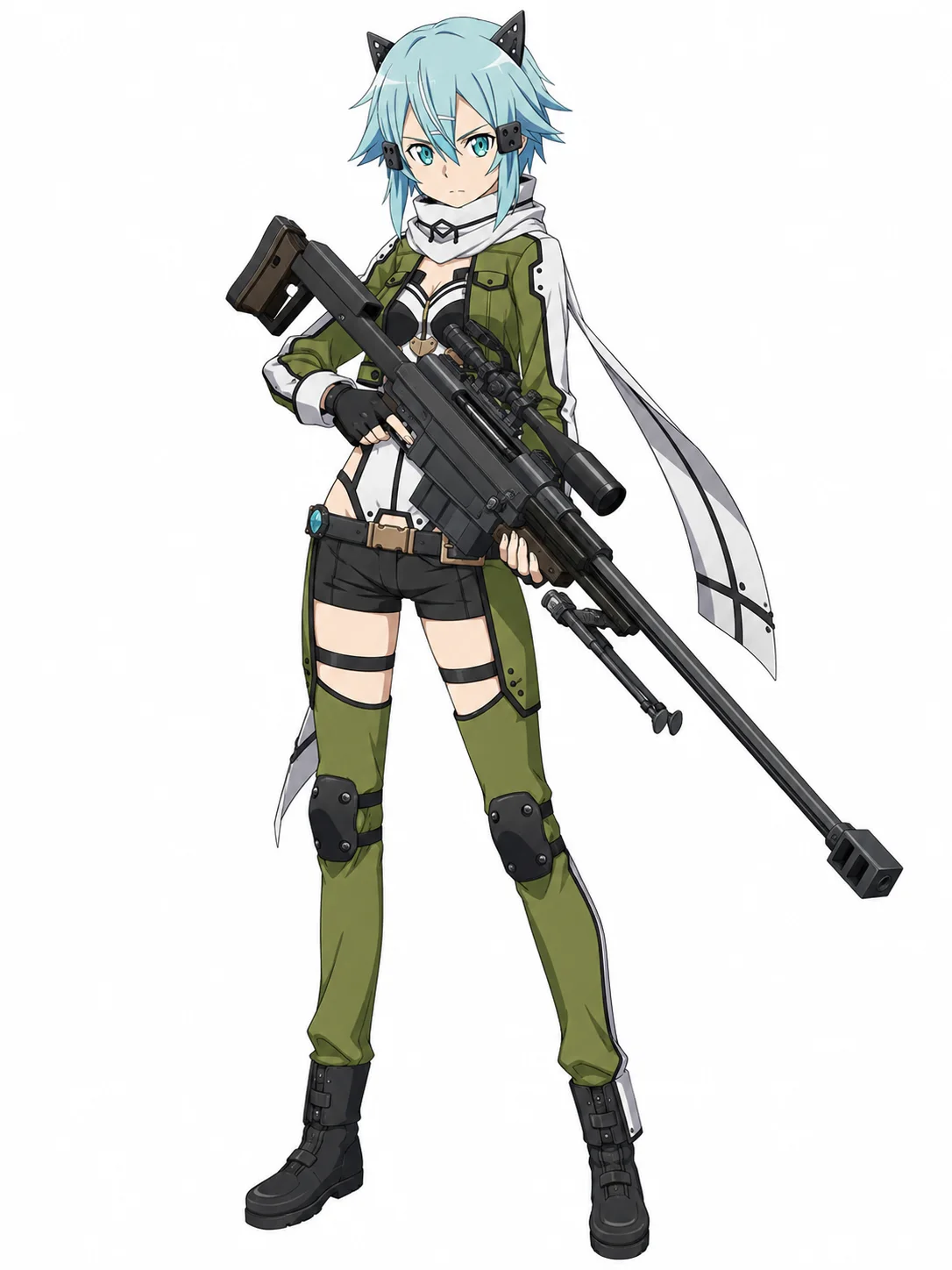 Sinon with short ice-blue hair, cat-ear accessories, a green combat outfit, and the Hecate II rifle