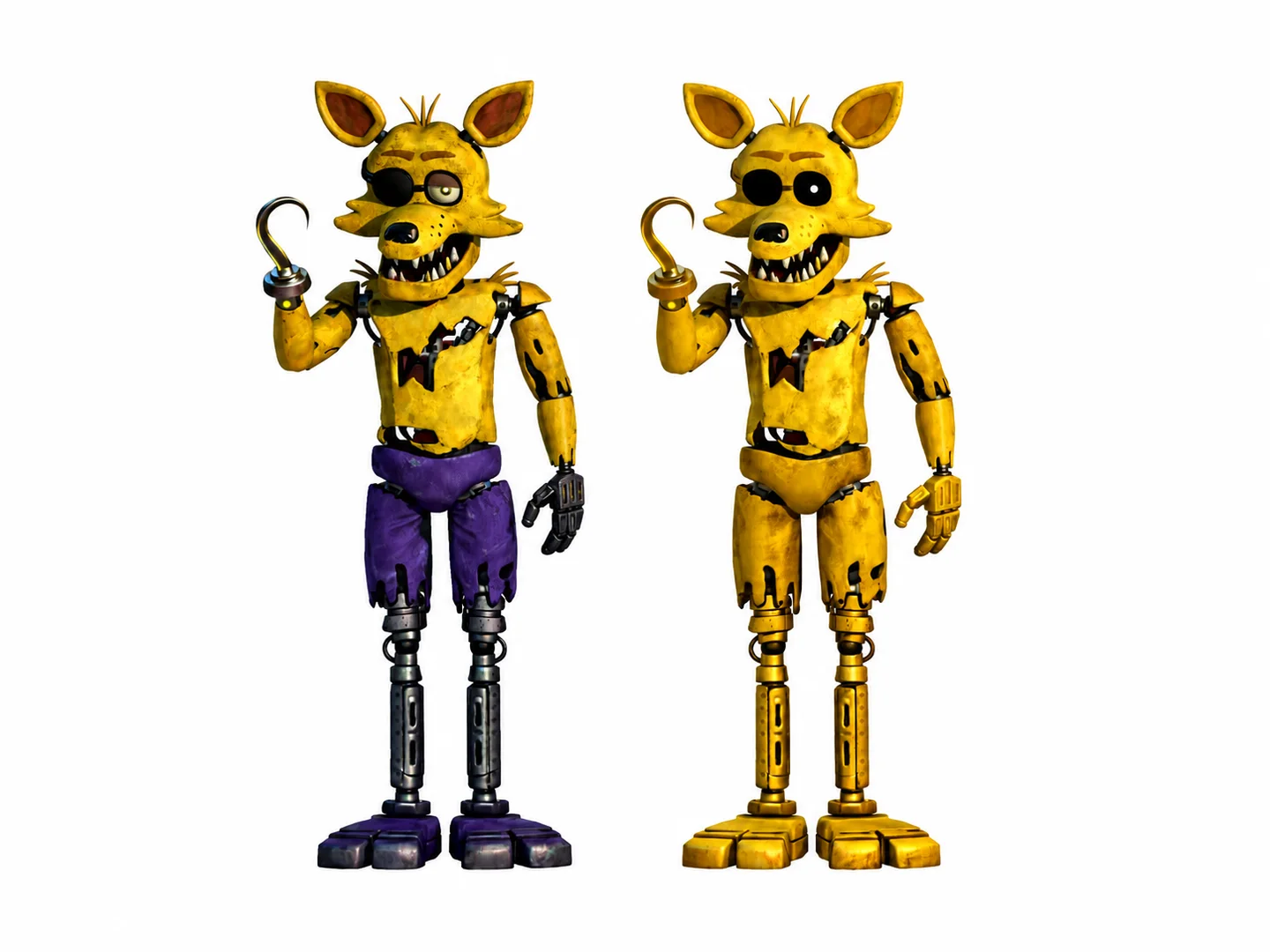 Side-by-side yellow fox animatronic variants with different wear and leg construction