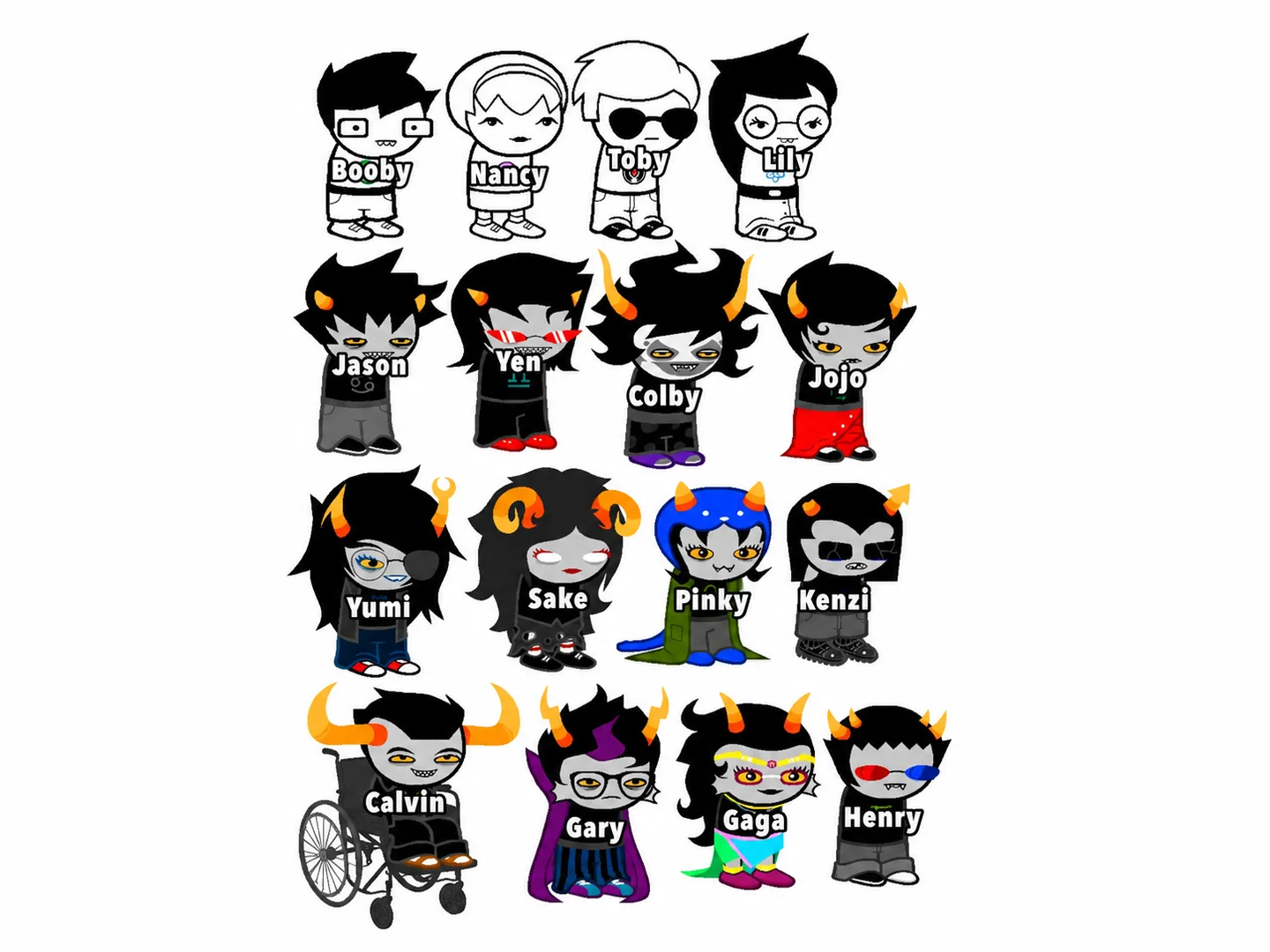 A labeled grid of stylized human and horned troll character designs