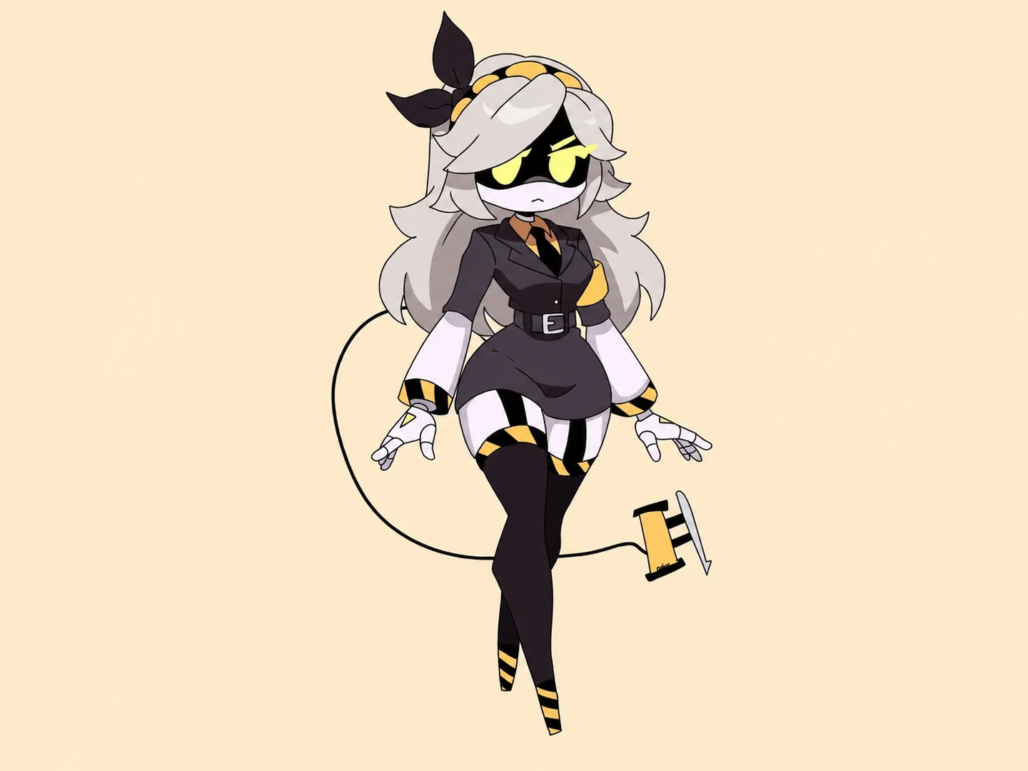 Full-body black-and-yellow drone with long silver hair and a syringe-shaped tail.