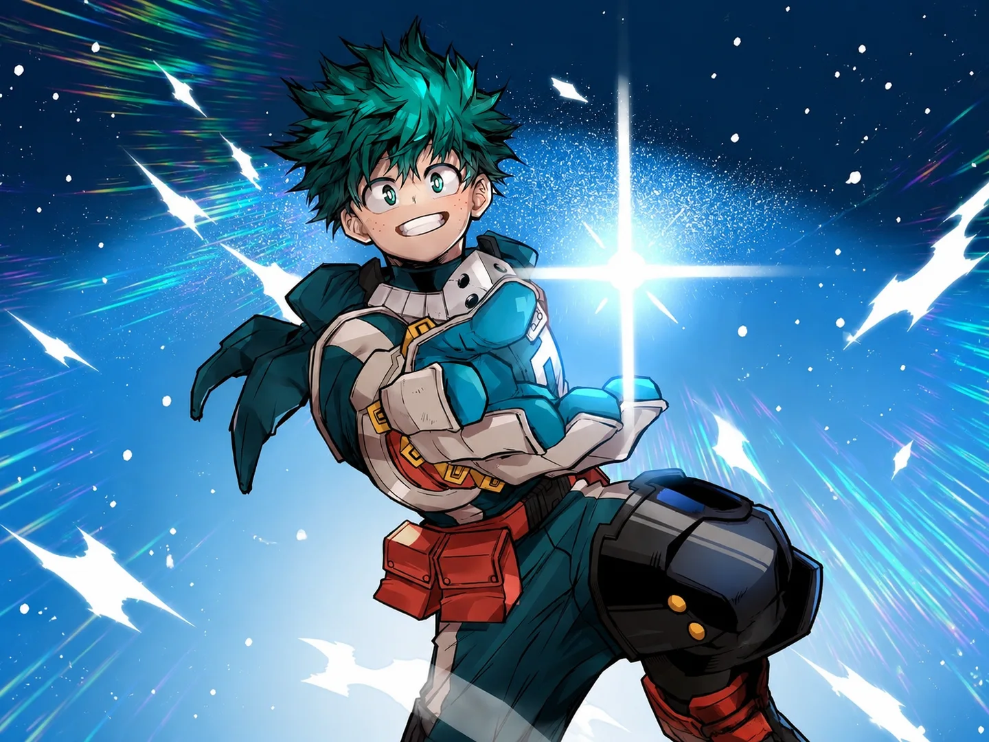 Green-haired anime hero powering up against a sparkling blue background