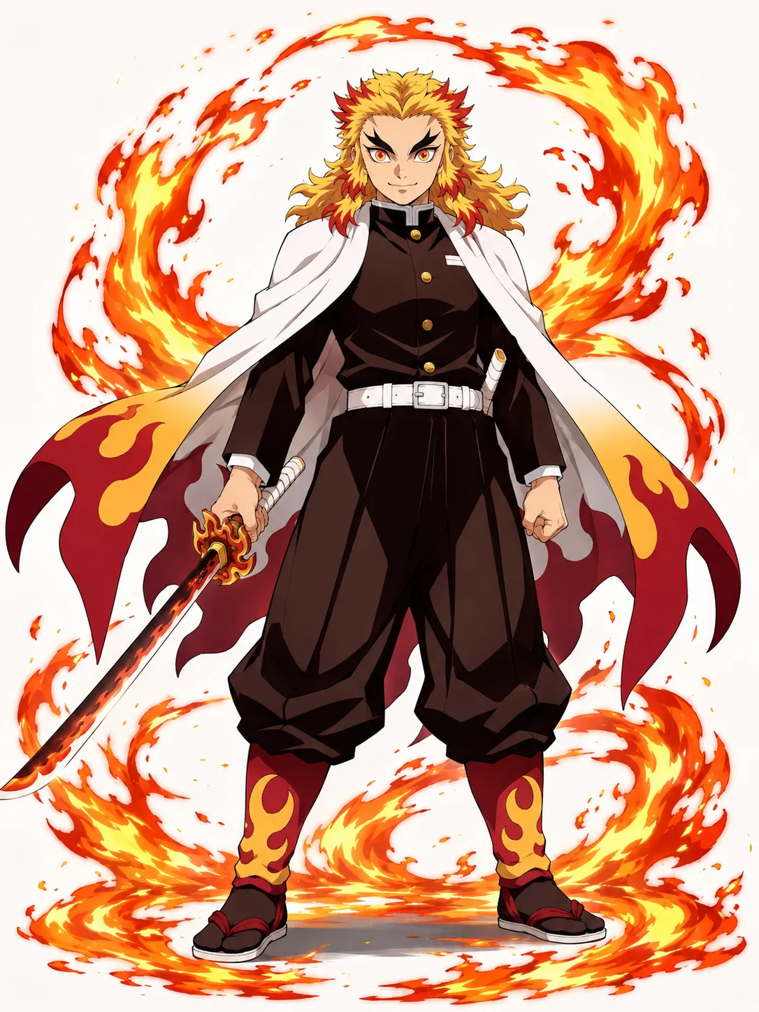 Kyojuro Rengoku with yellow and red hair, a white flame-patterned cape, and bright fire effects