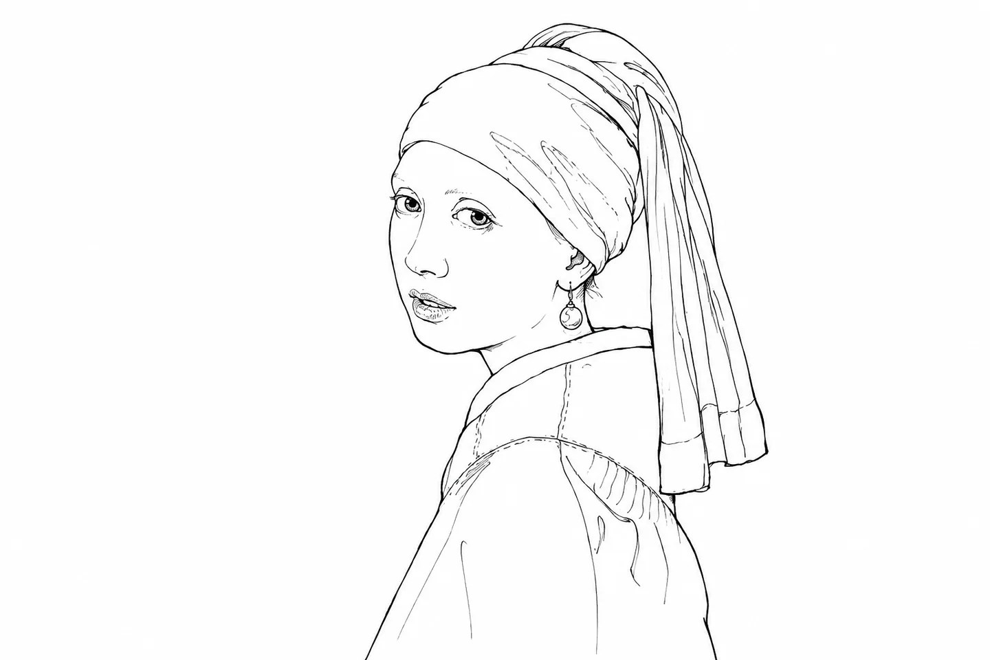 Black & White Line Art transformation of Girl with a Pearl Earring