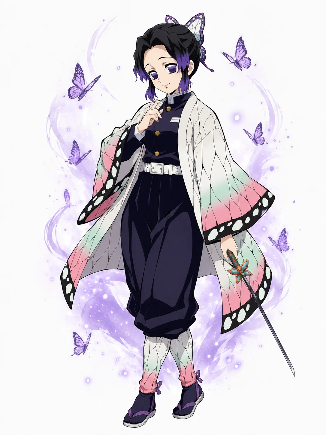 Shinobu Kocho with purple-tipped hair, a butterfly-wing haori, a thin sword, and purple butterflies
