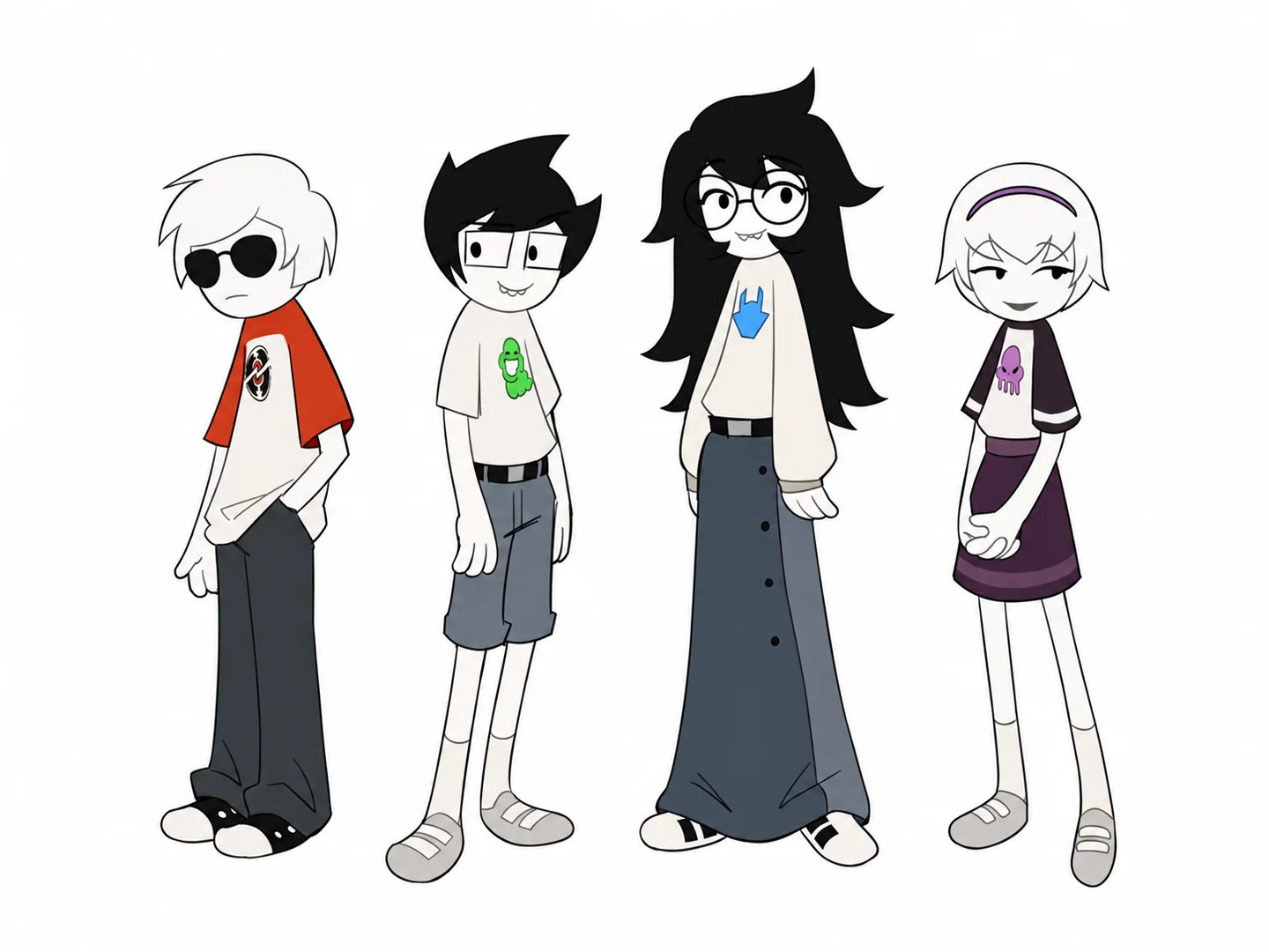 Four full-body human character designs with graphic shirts and simple outfits
