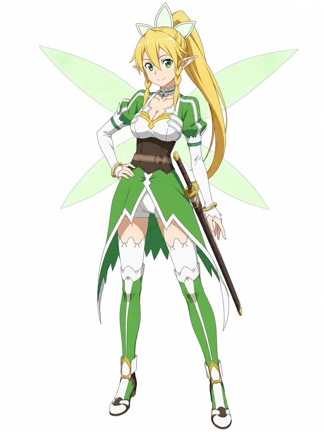 Leafa with long blond hair, pointed ears, pale-green wings, a green-and-white outfit, and a katana