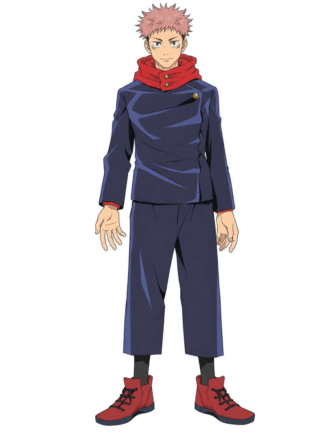 A JJK OC Maker full-body reference shows a pink-haired student in a navy uniform with a red hood.