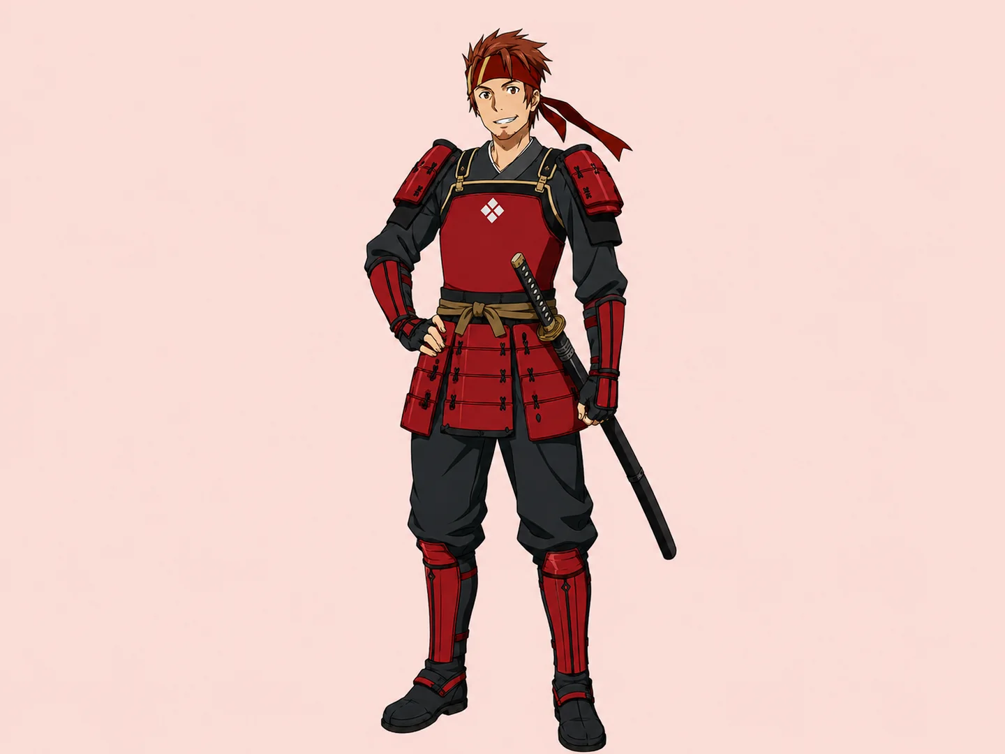 Klein wearing red samurai armor with a katana at his side