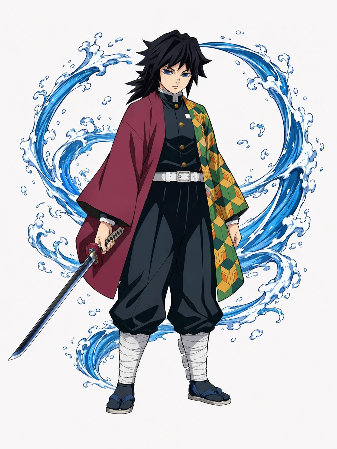Giyu Tomioka with messy black hair, a half-red half-patterned haori, a Nichirin sword, and blue water effects