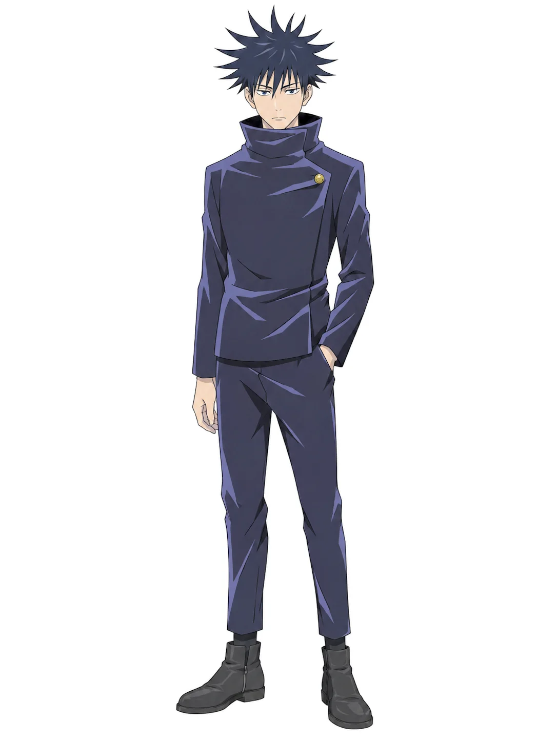 JJK OC with spiky black hair wears a dark high-collar academy uniform on a white background.