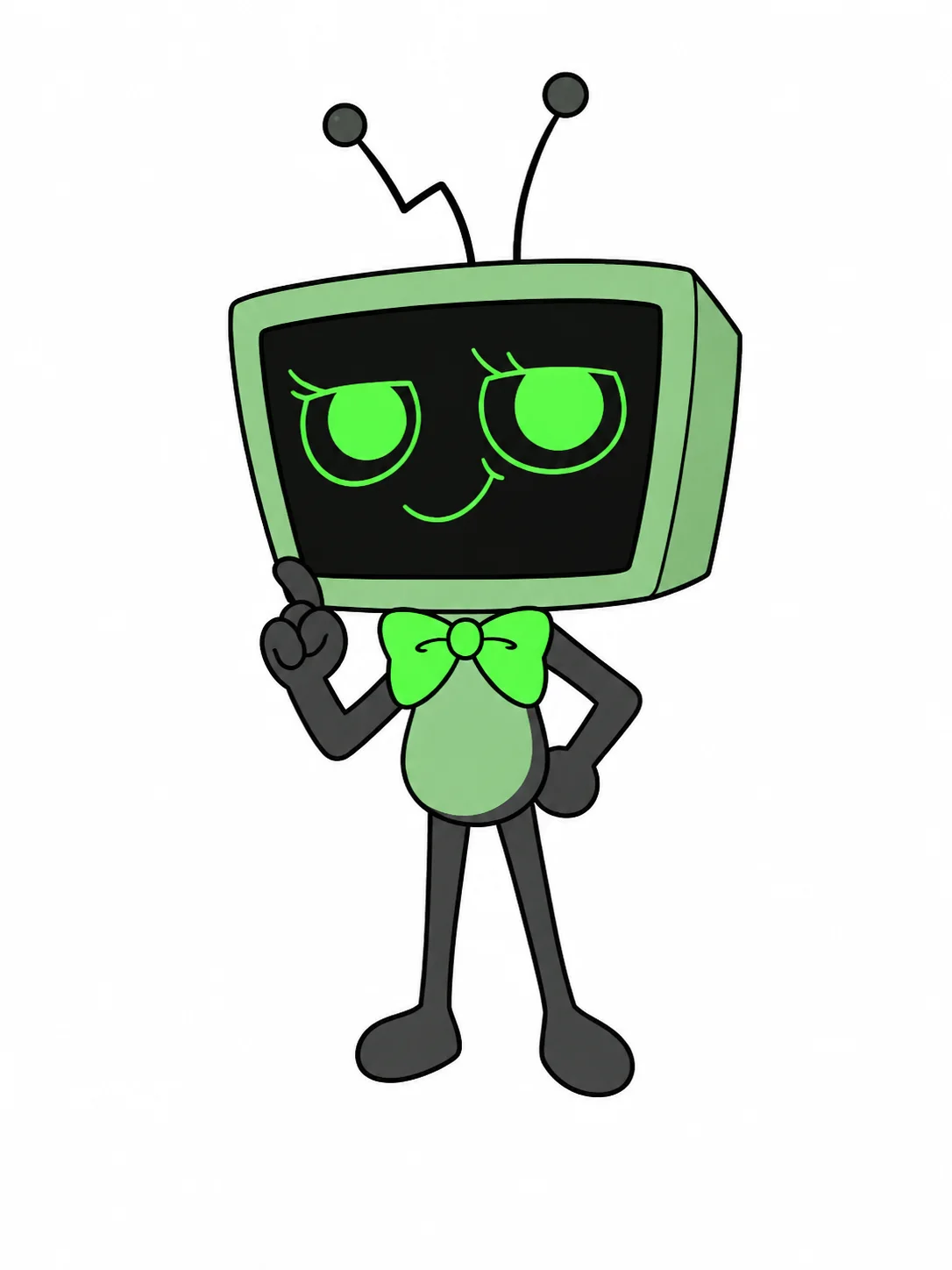 Vee, un personaje con forma de televisor verde y ojos de color verde neón