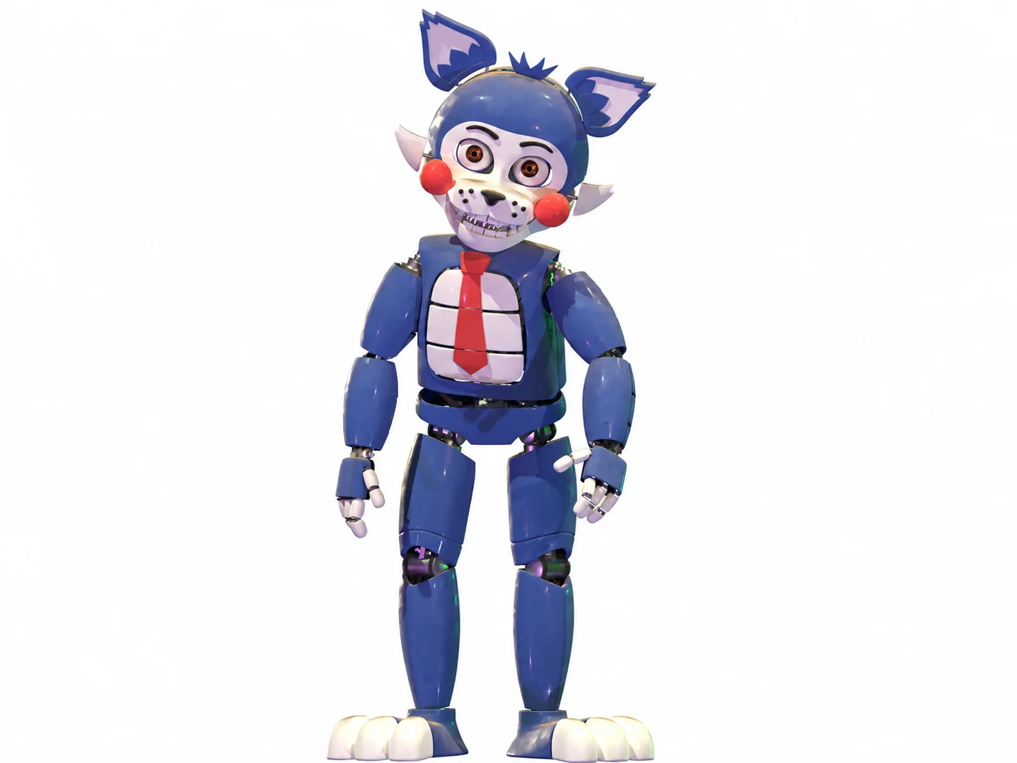 Full-body blue animatronic character with red cheeks and a red tie on a white background