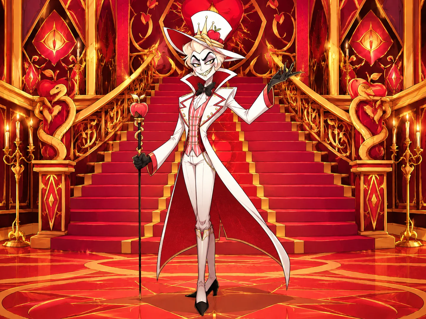 white-suited demon host standing in a grand red hotel lobby