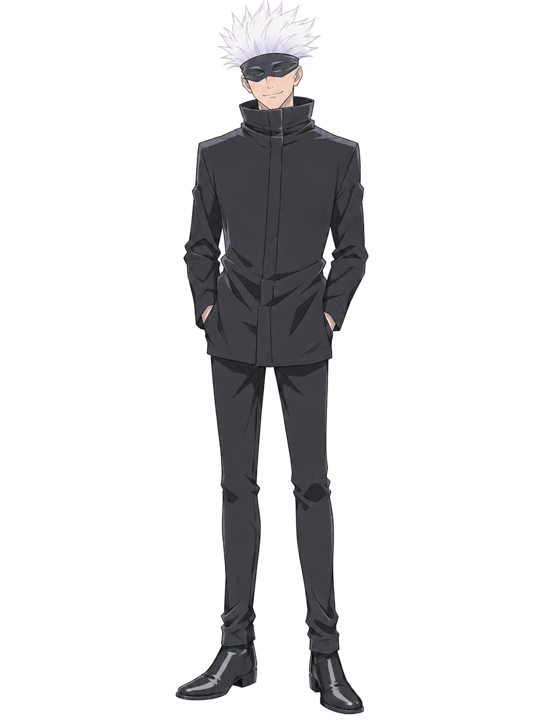 JJK OC with white hair, a blindfold, and a black high-collar uniform stands with hands in pockets.