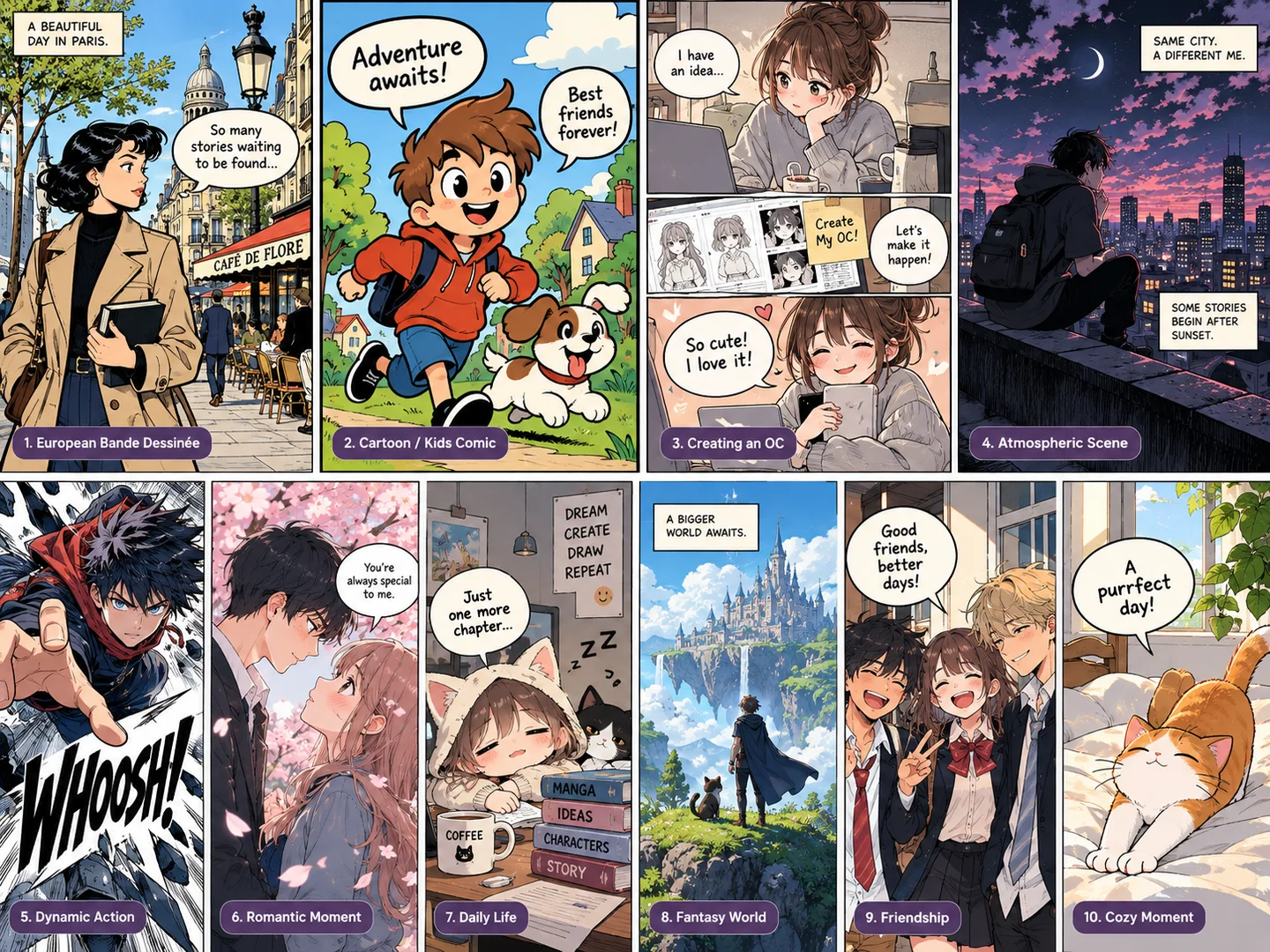 AI-generated comic page featuring several illustrated characters in multiple panels