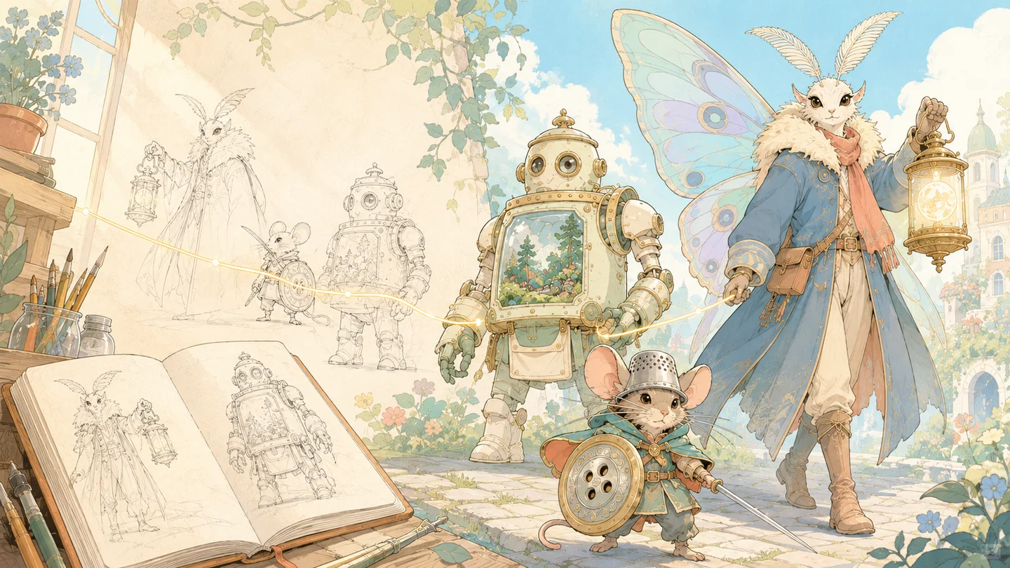 A sketchbook scene with a moth lamplighter, robot gardener, mouse knight, and other original character ideas.