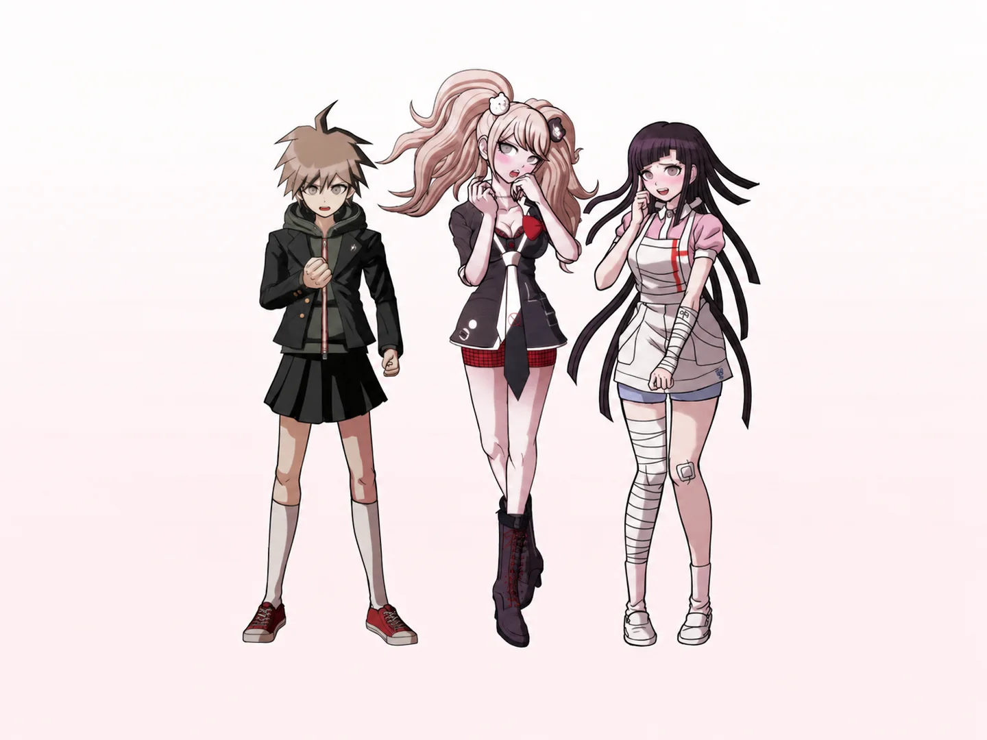 Three Danganronpa students standing together in contrasting black, red, pink, and white outfits