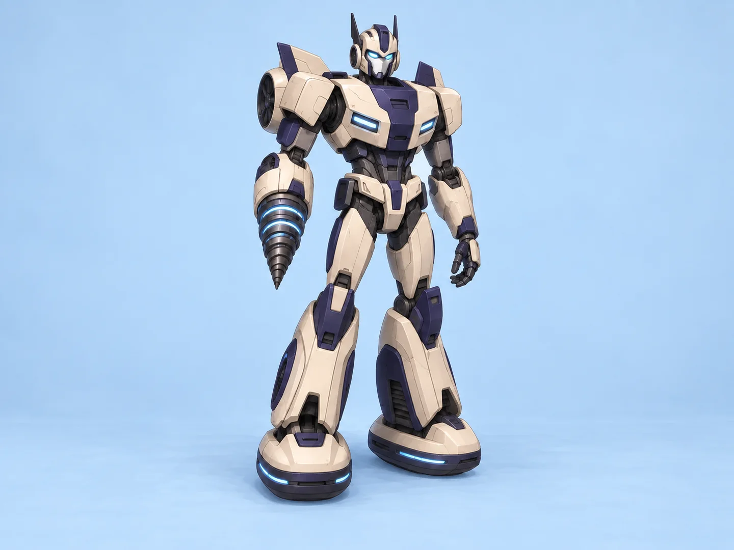 Original cream and dark purple full-body robot with blue lights and a drill arm on a pale blue background