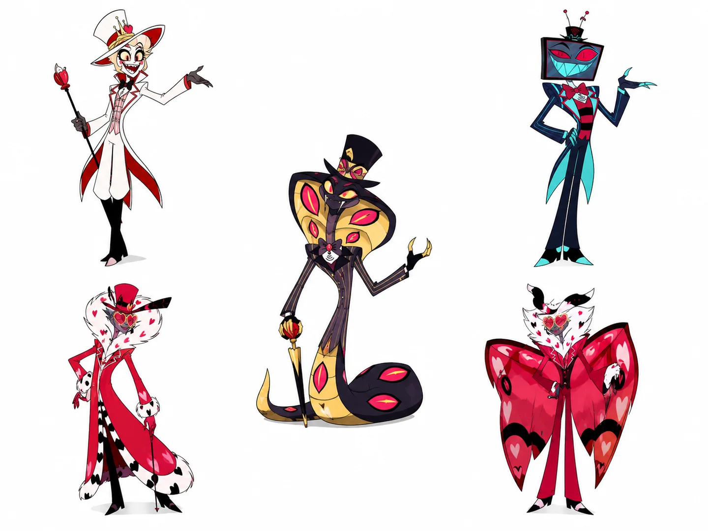 five coordinated Hazbin Hotel-inspired character variations in a reference lineup