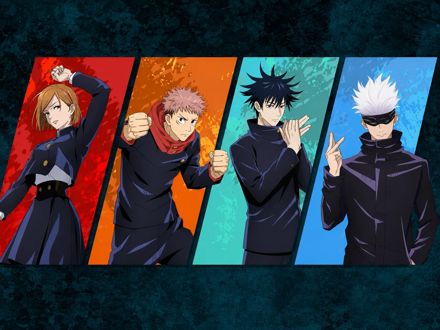 JJK OC squad stands in a four-panel lineup with distinct combat poses.