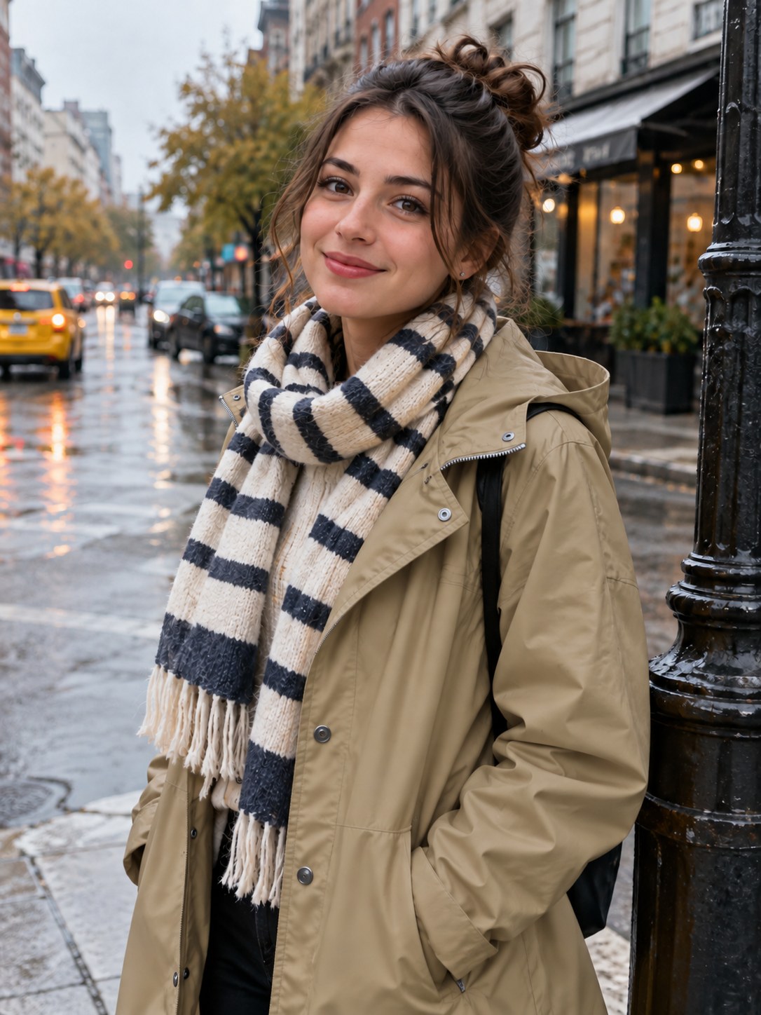 Same street portrait with an olive coat