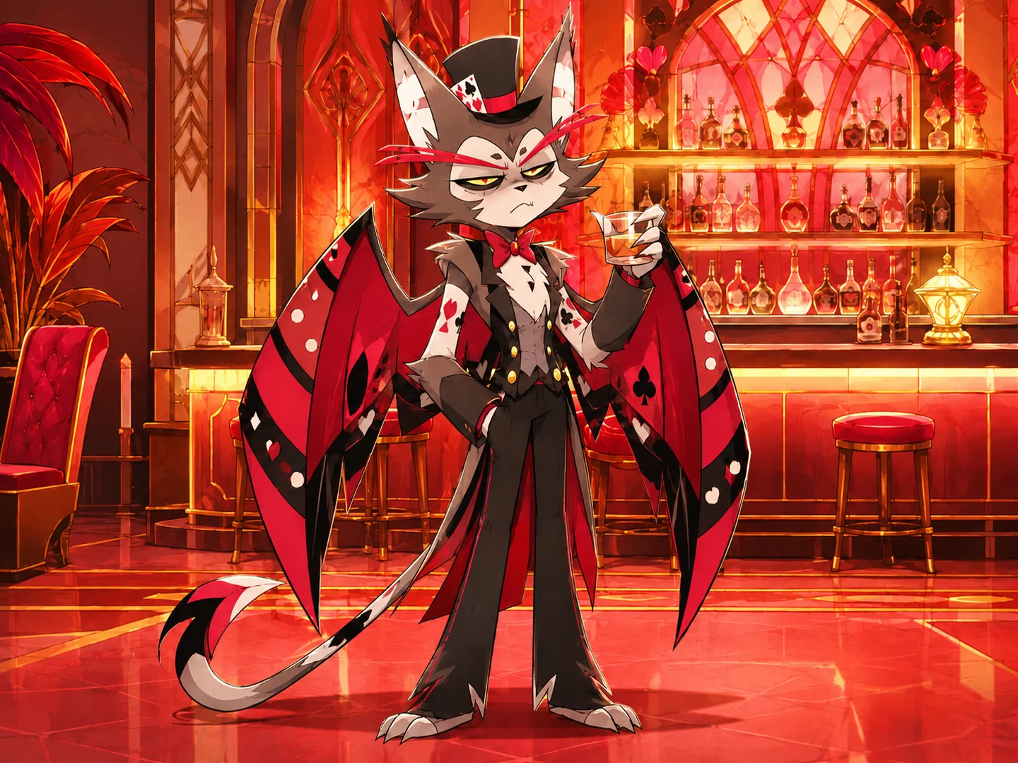 winged cat demon holding a drink in a glowing red hotel bar