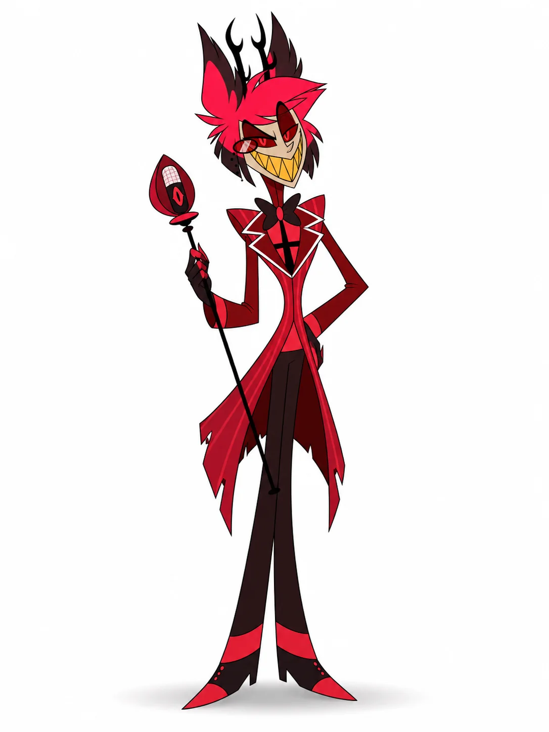 Alastor holding a vintage microphone in a red suit