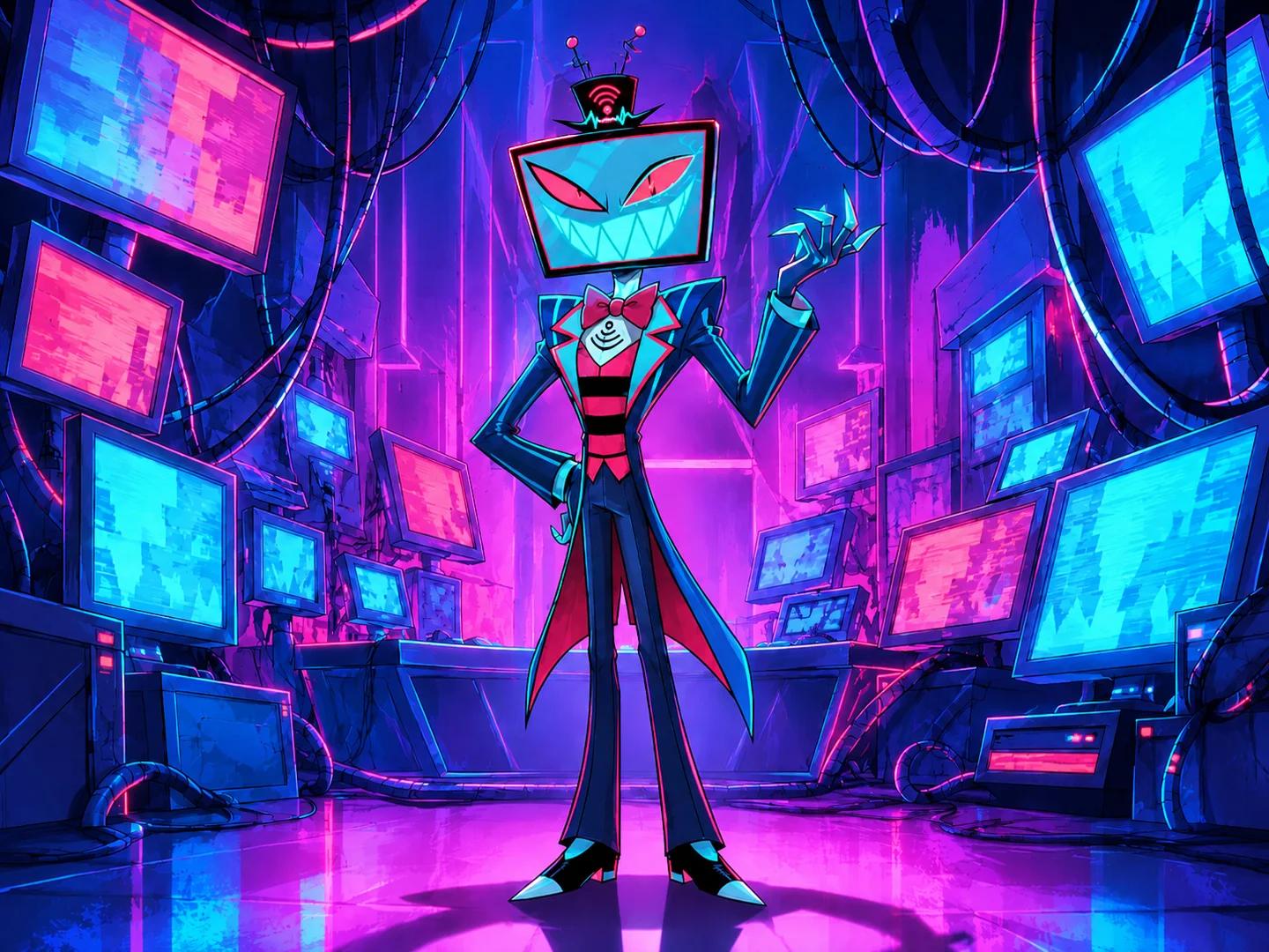 television-headed demon standing in a neon control room