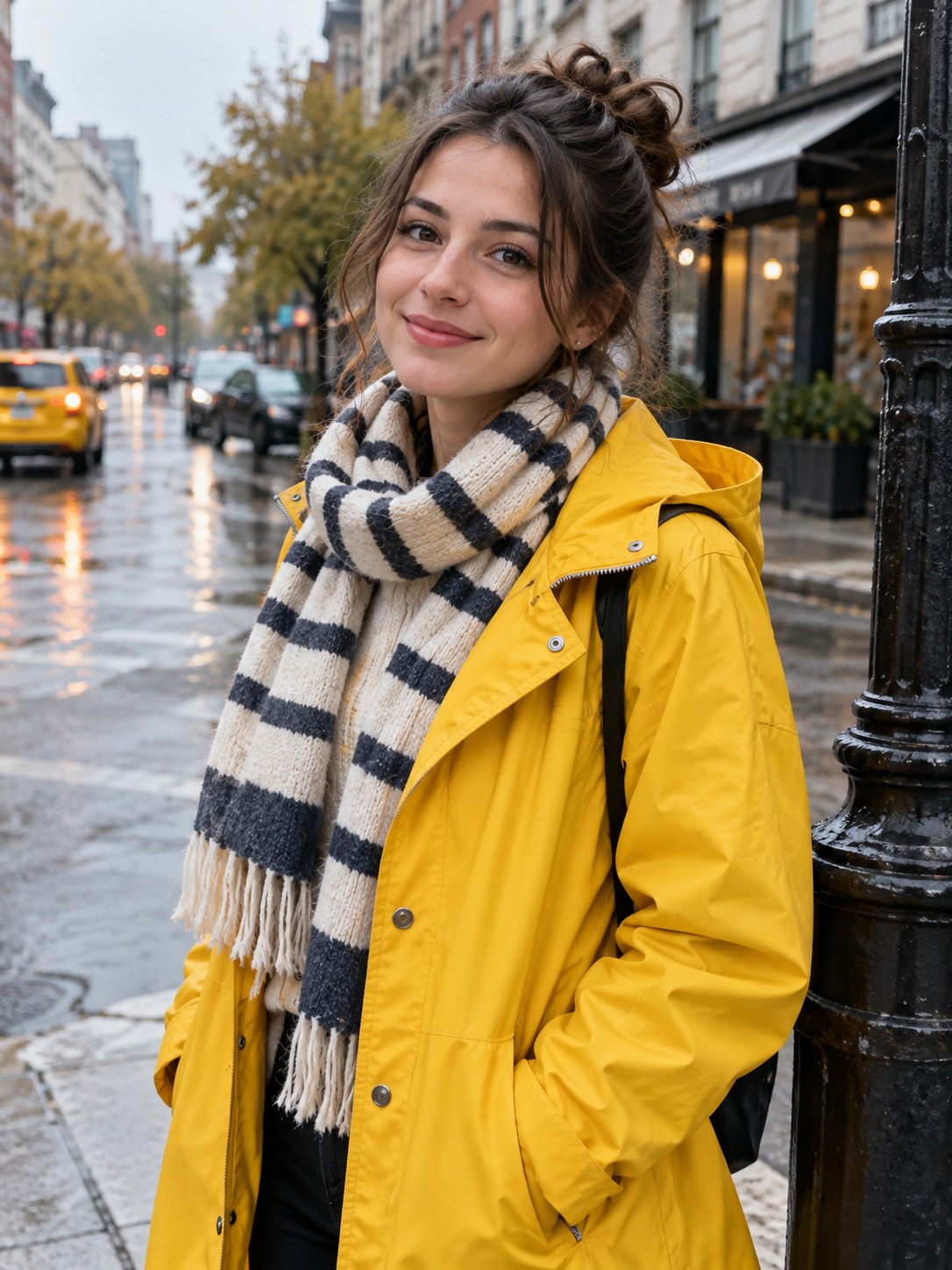 Woman wearing a yellow raincoat on a city street