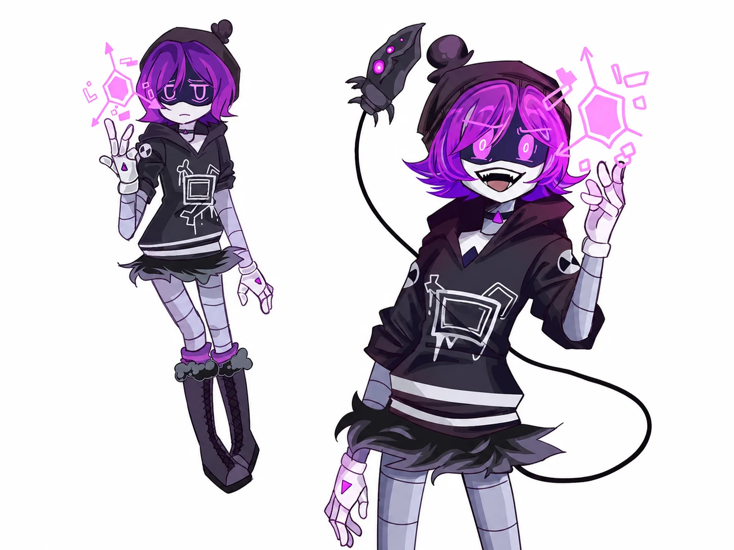 Purple techwear drone casting holographic symbols with both hands.