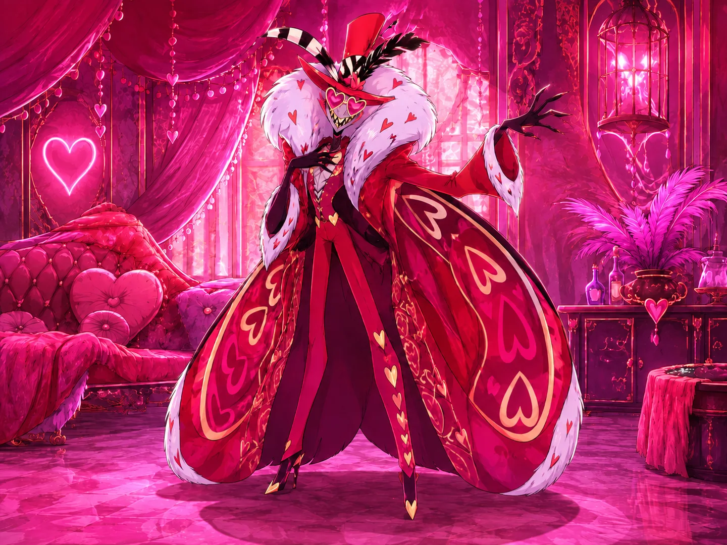moth demon posing in an elaborate pink lounge