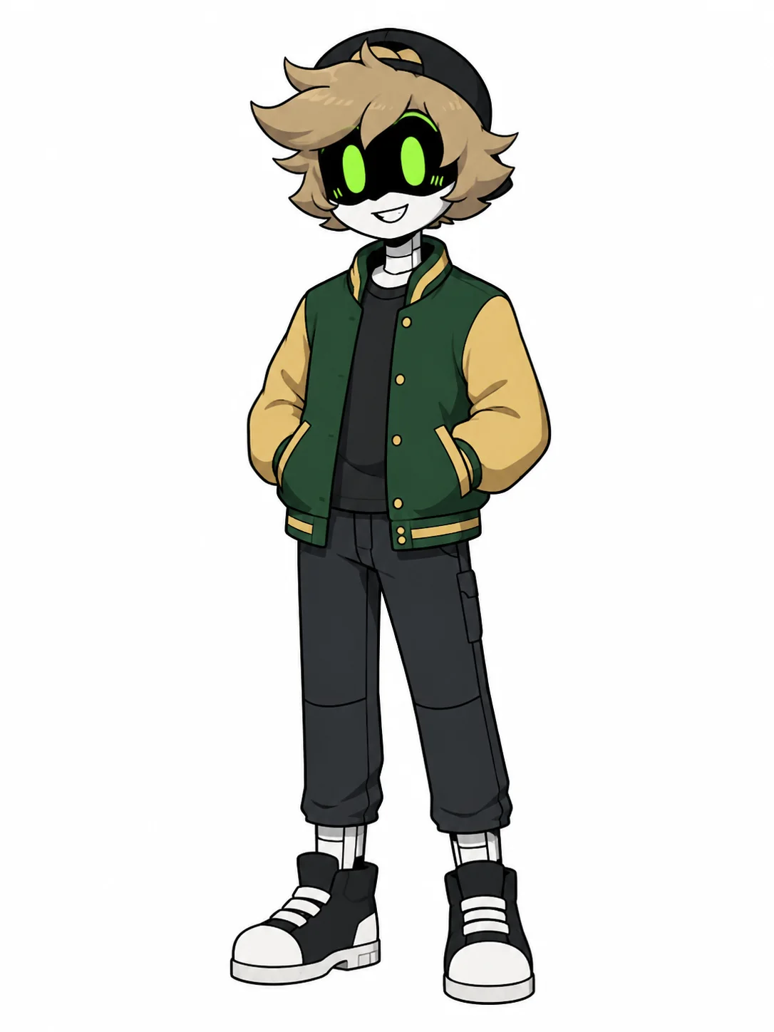 Green-eyed student drone with sandy hair and a green varsity jacket.