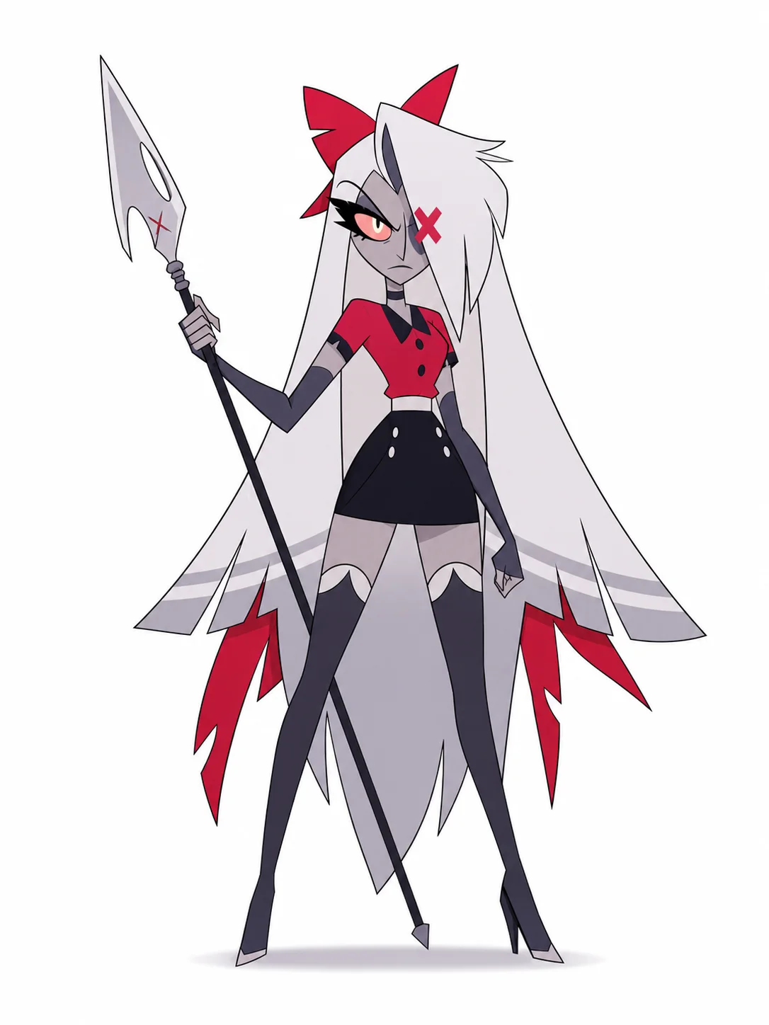 Vaggie holding a spear with long silver hair and a red bow