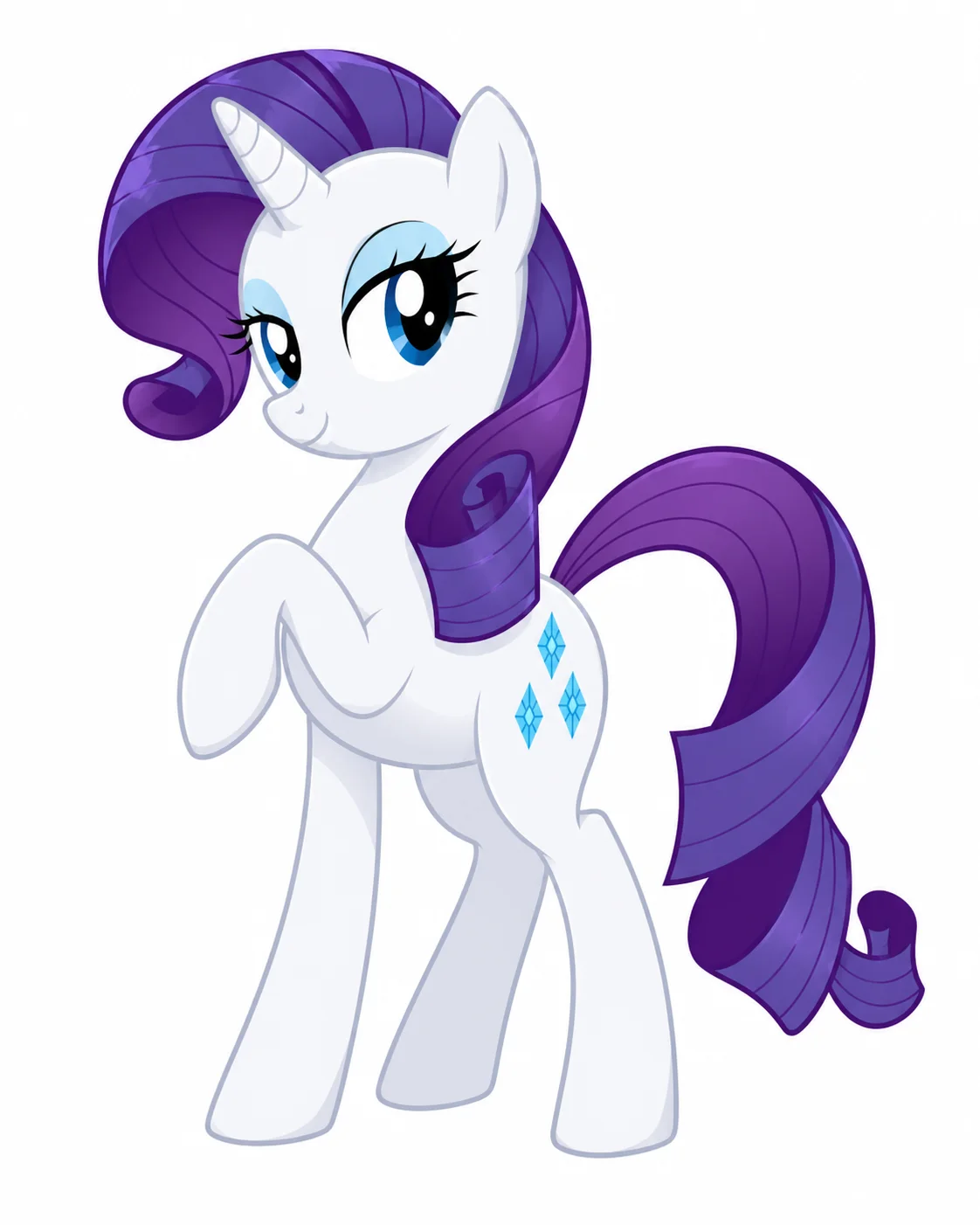 my little pony maker design of a white unicorn with curled purple mane, blue eyes, horn, graceful pose, and diamond cutie mark