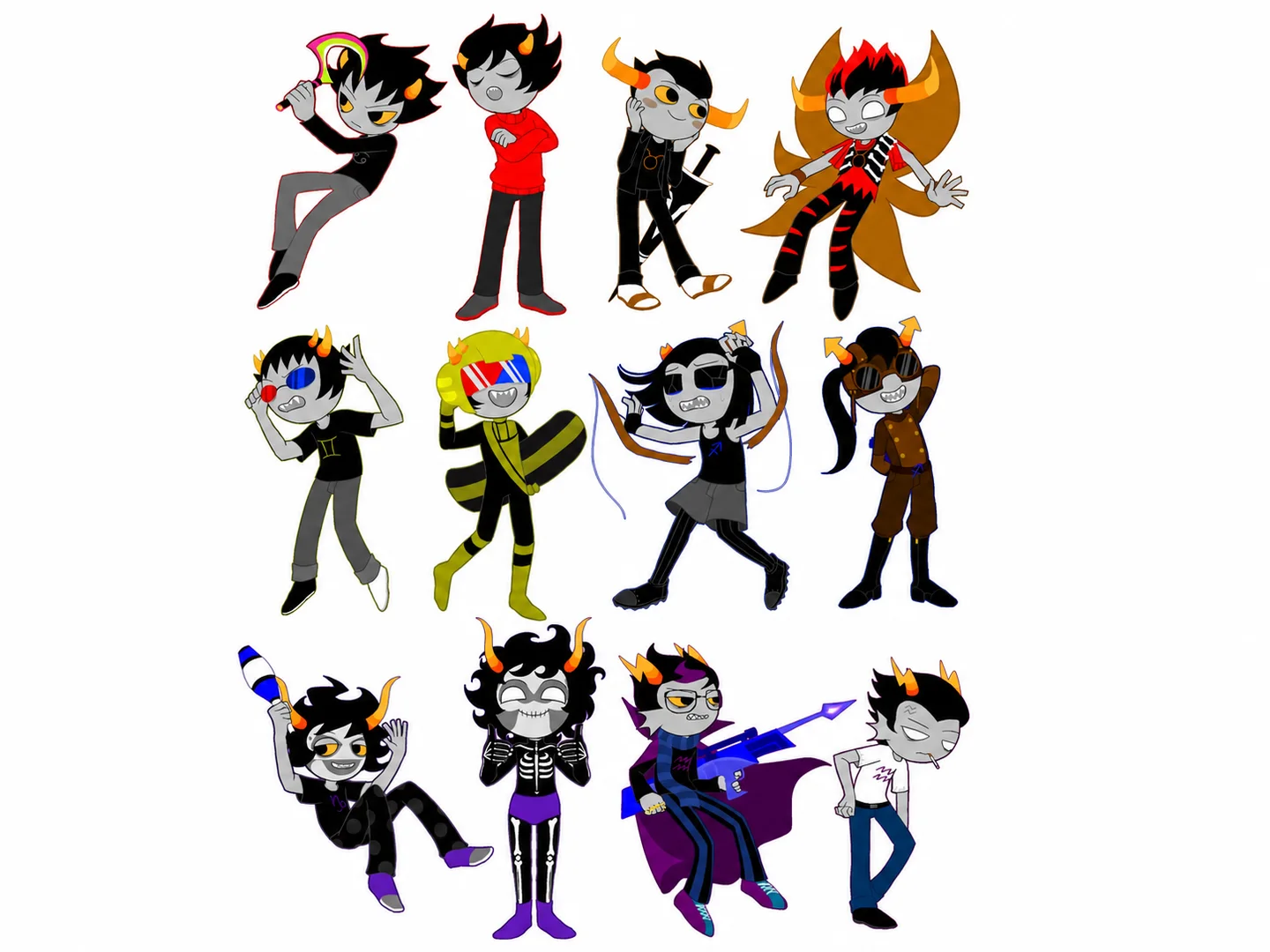 Twelve gray-skinned horned troll character designs in varied outfits and poses