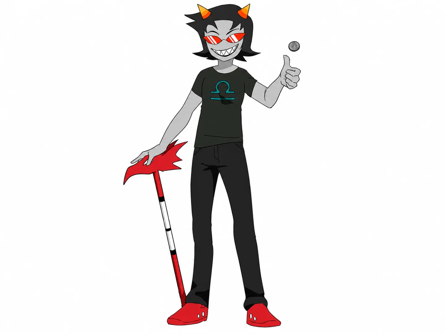 A full-body gray-skinned troll character with red glasses, a teal Libra symbol, and a red cane