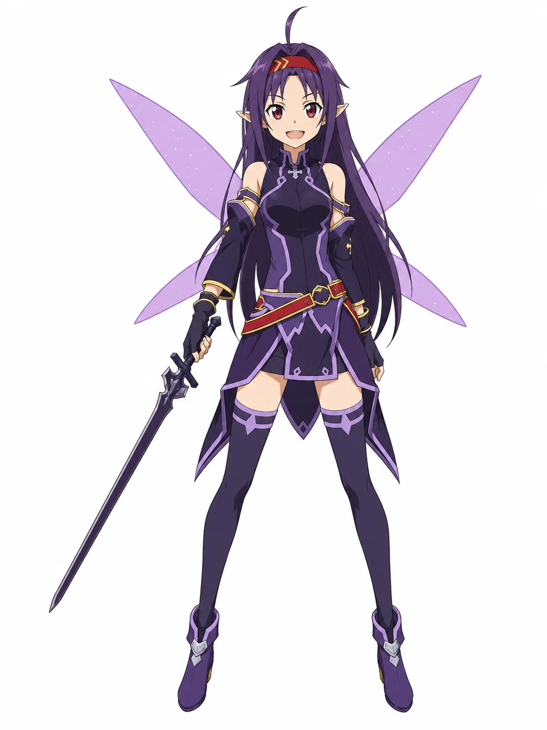 Yuuki with long dark-purple hair, violet wings, a purple swordfighter outfit, and a one-handed sword