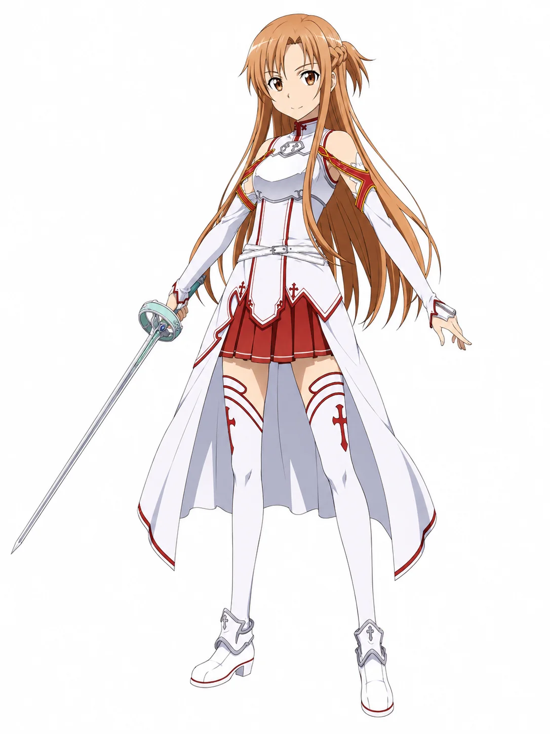 Asuna with long chestnut-brown hair, a white-and-red guild uniform, and the rapier Lambent Light